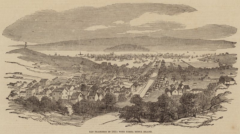 San Francisco ja Yerba Buenan saari vuonna 1851 (kaiverrus). tekijältä English School