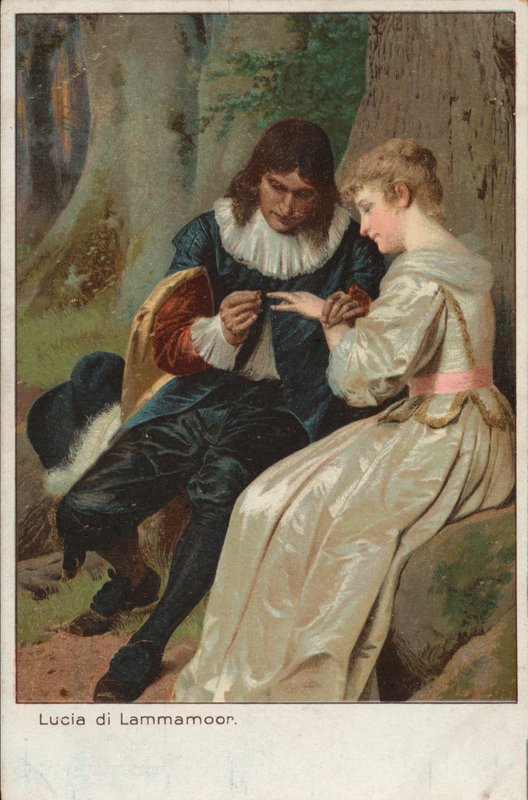 Kohtaus Gaetano Donizettin traagisesta oopperasta Lucia di Lammermoor (chromolitho) tekijältä English School