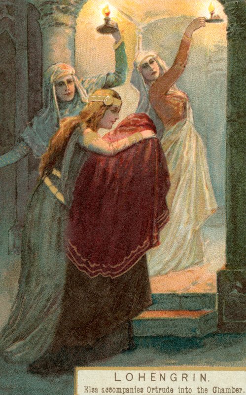 Kohtaus Lohengrinista: Lohengrin: Elsa saattaa Ortrudin kammioon (kromoliittinen) tekijältä English School