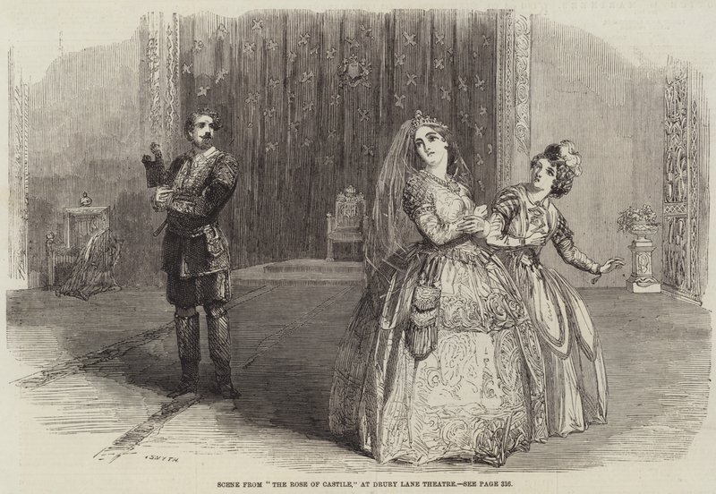 Kohtaus "The Rose of Castile" Drury Lane -teatterissa (kaiverrus) tekijältä English School