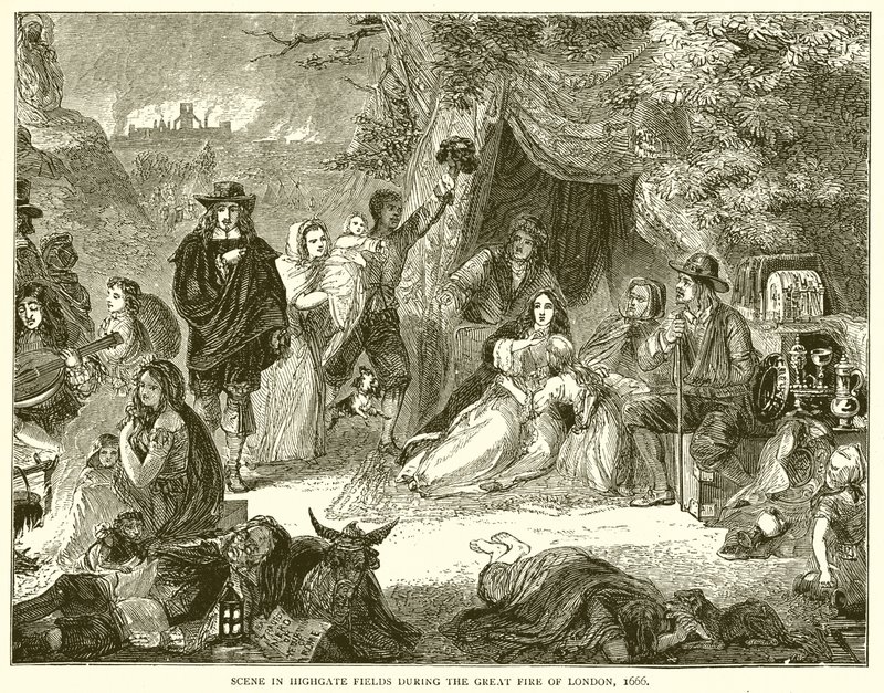 Kohtaus Highgate Fieldsissä Lontoon suuren tulipalon aikana, 1666 tekijältä English School