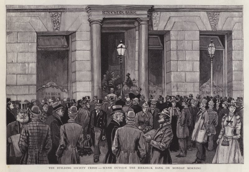 Kohtaus Birkbeck Bankin ulkopuolella Lontoossa rakennusyhteiskuntakriisin aikana vuonna 1892 (litho) tekijältä English School