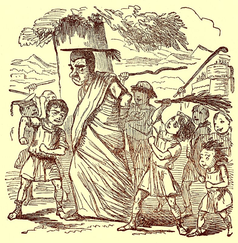 School-boys Flogging the Schoolmaster, kuvitus Gilbert Abbott a Beckettin teoksesta The Comic History of Rome, julkaistu noin 1850 (digitaalisesti paranneltu kuva) tekijältä English School