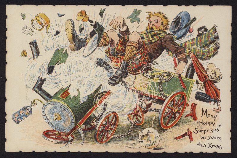 Skotlantilainen ajamassa räjähtävällä höyrykoneella (chromolitho) tekijältä English School