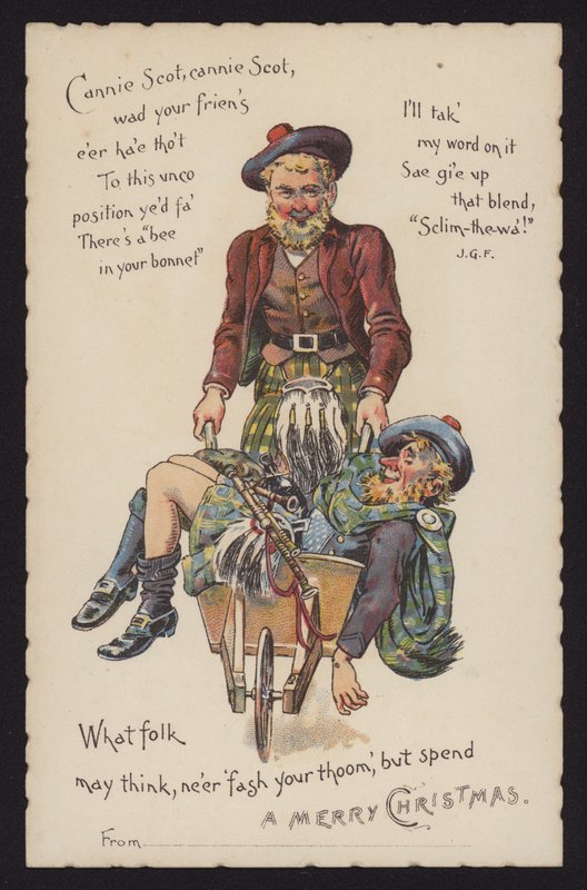 Skotlantilainen vie humalaisen ystävänsä kotiin kottikärryillä (chromolitho) tekijältä English School