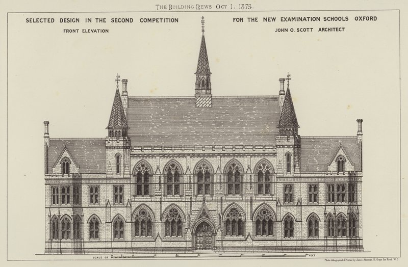 Valikoitu malli toisessa kilpailussa uusille koekouluille Oxford, Front Elevation (kaiverrus) tekijältä English School