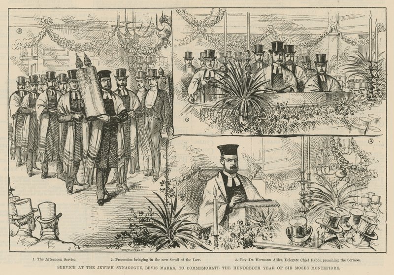 Jumalanpalvelus juutalaisessa synagogassa Bevis Marksissa Sir Moses Montefioren sadan vuoden muistoksi tekijältä English School