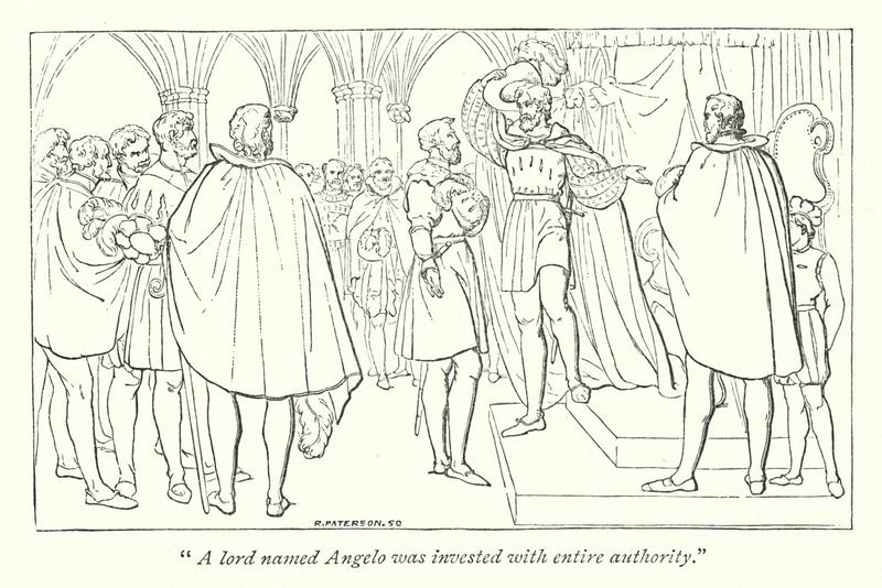 Shakespearen Measure for Measure; Angelo sijoitti herttualaisen auktoriteetin (kaiverrus) tekijältä English School