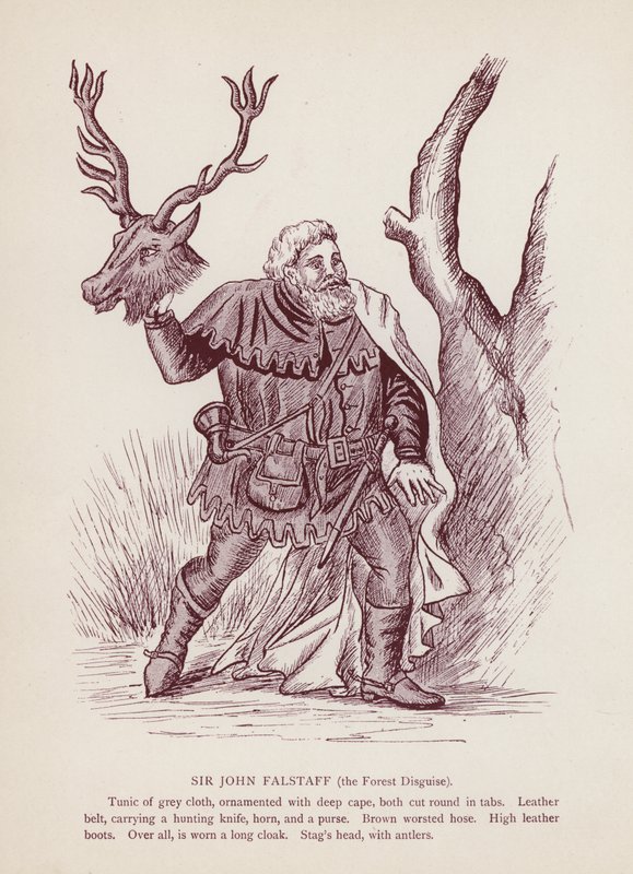 Shakespearen Windsorin iloiset vaimot: Sir John Falstaff, metsänaamio (litho) tekijältä English School