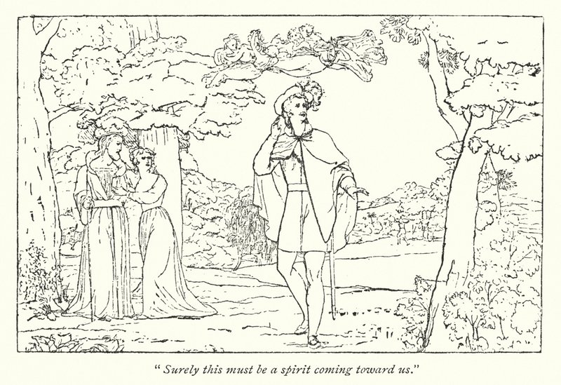 Shakespearen Myrsky; Ferdinand johtaa Arielin laulu (kaiverrus) tekijältä English School