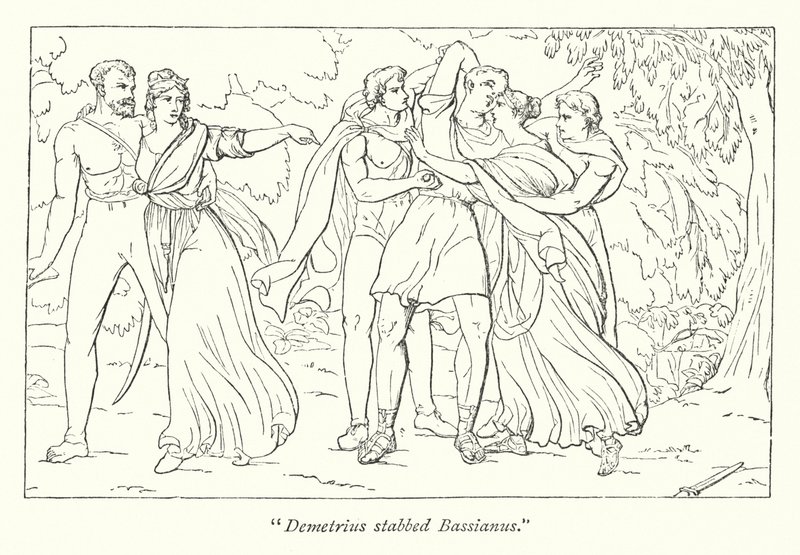 Shakespearen Titus Andronicus; Demetrius, Tamoran yllytyksestä, murhaa Bassianuksen (kaiverrus) tekijältä English School
