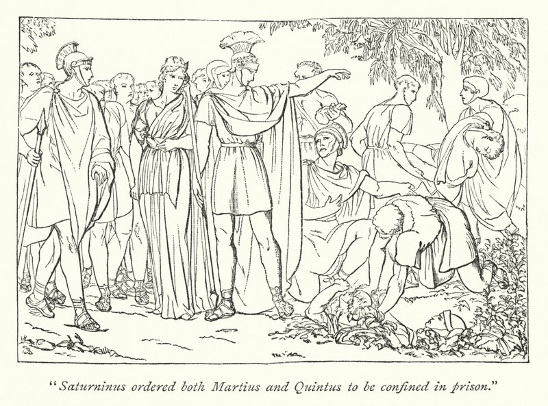 Shakespearen Titus Andronicus; Martius ja Quintus pidätettiin Bassianuksen murhasta (kaiverrus) tekijältä English School