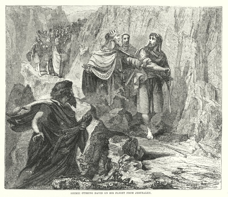 Shimei kiroilee Daavidia hänen lennossaan Jerusalemista (kaiverrus) tekijältä English School