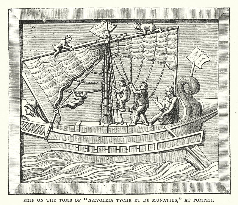 Laiva "Naevoleia Tyche et de Munatiuksen" haudalla Pompejissa (värillinen kaiverrus) tekijältä English School