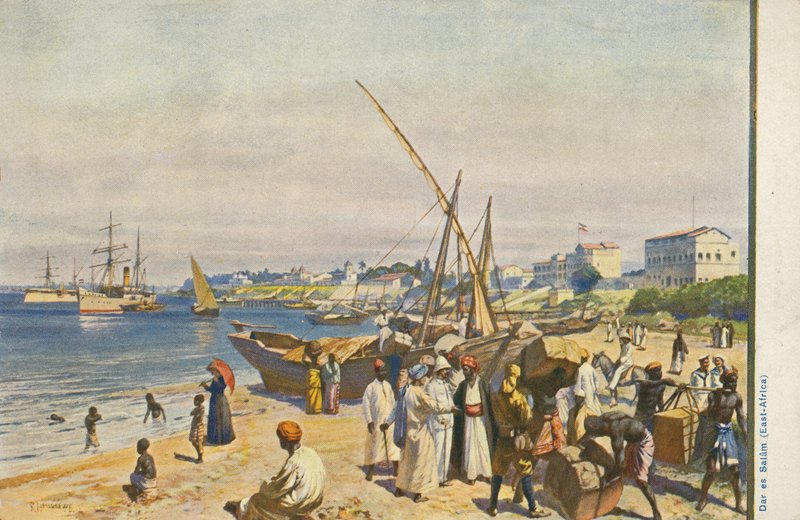 Vaixell a la platja, Dar es Salaam, Tanzània (litografia de color) finlandès tekijältä English School