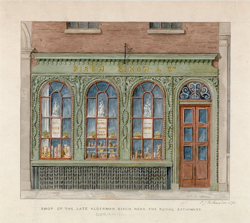 Edesmenneen Alderman Birchin kauppa lähellä Royal Exchangea. 1871 (wc paperilla) tekijältä English School