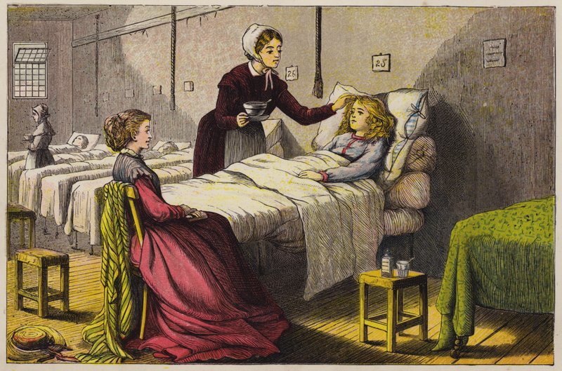 Sick little girl being cared for in hospital (coloured engraving) tekijältä English School