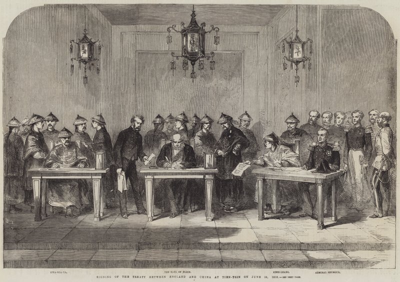 Englannin ja Kiinan välinen sopimus allekirjoitettiin Tien-Tsinissä 26. kesäkuuta 1858 (kaiverrus) tekijältä English School
