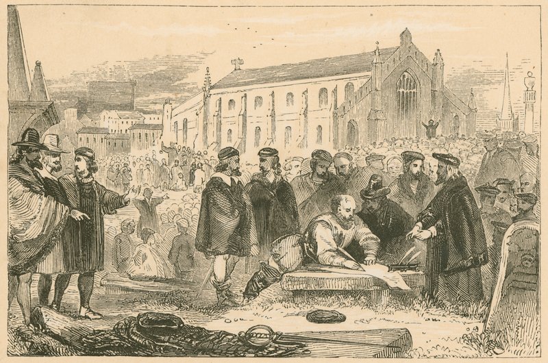 Liiton allekirjoittaminen Greyfriars Churchyardissa Edinburghissa tekijältä English School