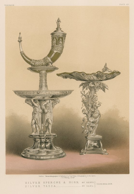 Silver Epergne and Horn by Hertz, Silver Tazza by Dahl, Kööpenhamina tekijältä English School