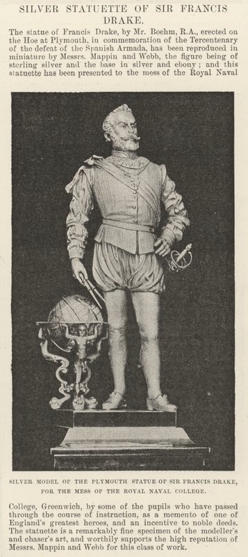 Sir Francis Draken Plymouth-patsaan hopeamalli Royal Naval Collegen sotkua varten (kaiverrus) tekijältä English School
