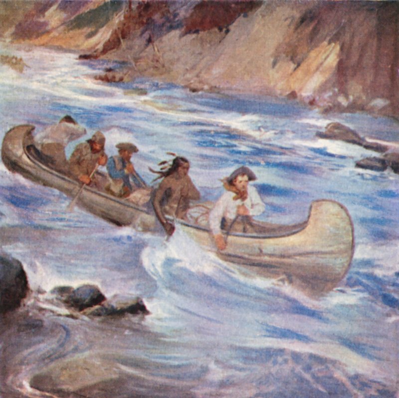 Simon Fraser ampumassa Fraser-joen koskia (värilitografia). tekijältä English School