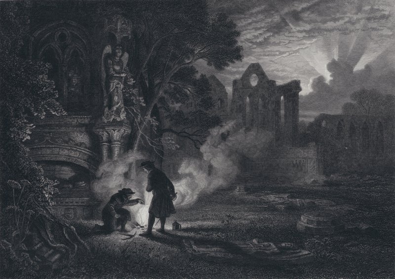 Sir Arthur ja Dousterswivel St Ruthin raunioissa (kaiverrus) tekijältä English School