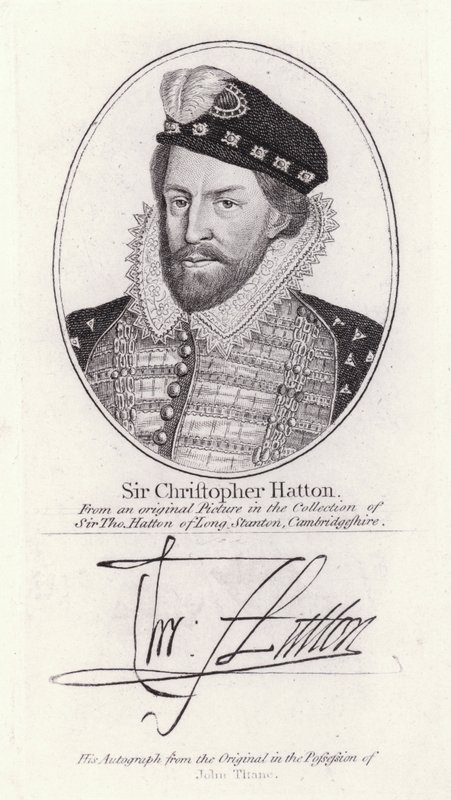 Sir Christopher Hatton, Englannin lordikansleri ja kuningatar Elizabeth I:n suosikki (kaiverrus) tekijältä English School