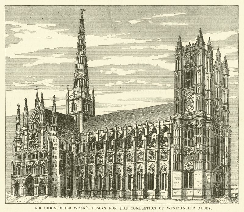 Sir Christopher Wrenin suunnittelu Westminster Abbeyn valmistumiselle (kaiverrus) tekijältä English School