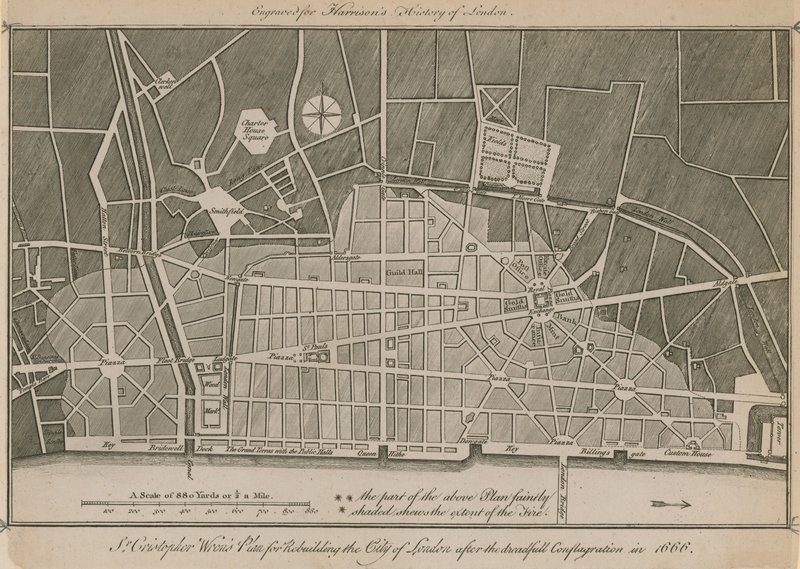 Sir Christopher Wrens suunnittelee Lontoon Cityn jälleenrakentamista vuoden 1666 hirvittävän tulipalon jälkeen tekijältä English School