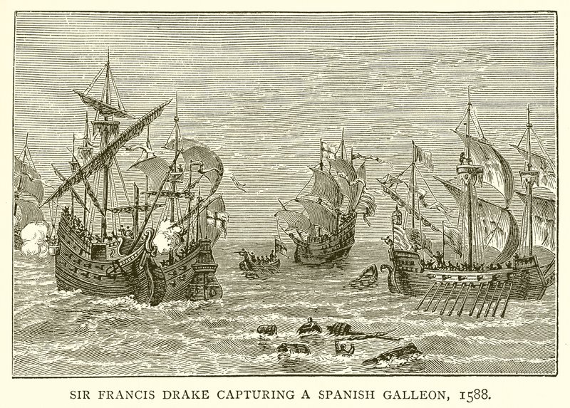 Sir Francis Drake vangitsemassa espanjalaista galleonia, 1588 tekijältä English School