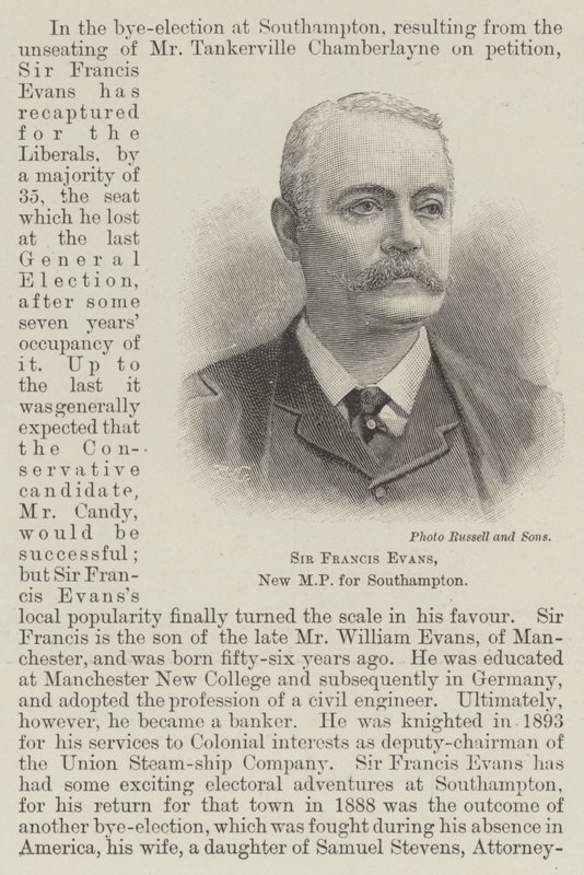 Sir Francis Evans, Southamptonin uusi kansanedustaja (kaiverrus) tekijältä English School
