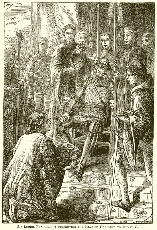Sir Lionel Bra Uemont esittelee Harfleurin avaimet Henry V:lle tekijältä English School