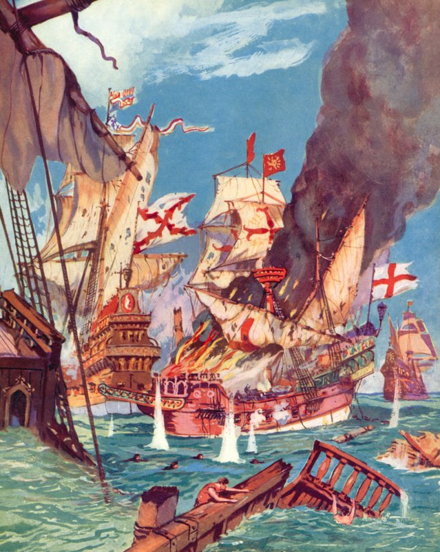 Sir Richard Grenville, Floresin taistelu (väri litho) tekijältä English School