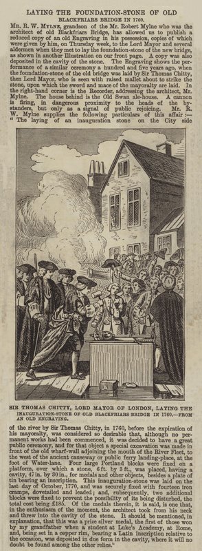 Sir Thomas Chitty, Lontoon pormestari laskemassa Old Blackfriarsin sillan vihkiäiskiveä vuonna 1760 tekijältä English School