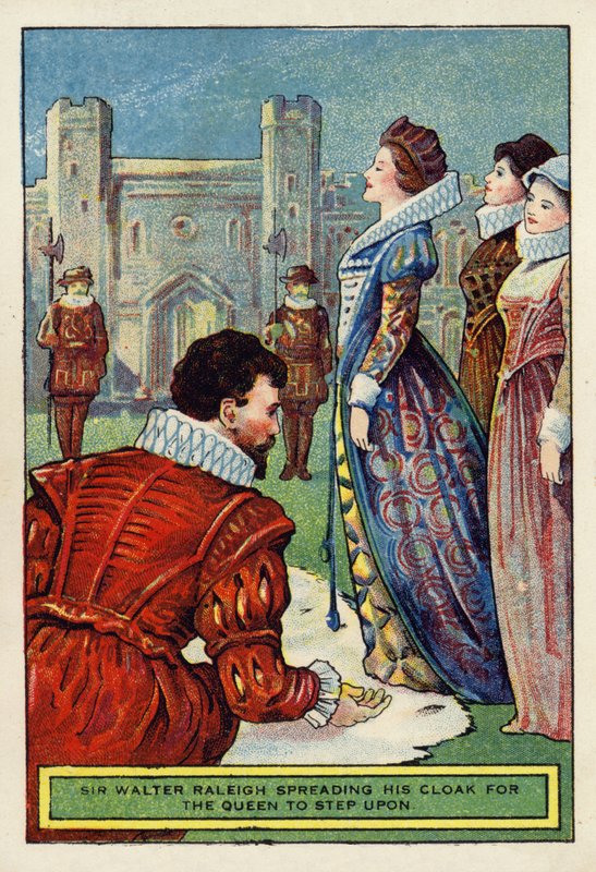 Sir Walter Raleigh levittää viittaansa kuningattarelle astumaan päälle tekijältä English School