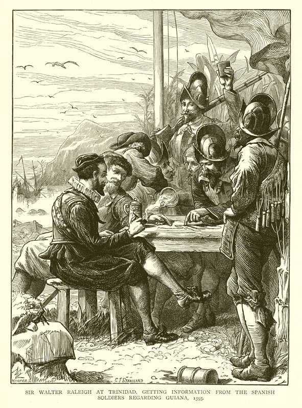 Sir Walter Raleigh Trinidadissa, saamassa tietoja espanjalaisilta Guayanasta, 1595 tekijältä English School