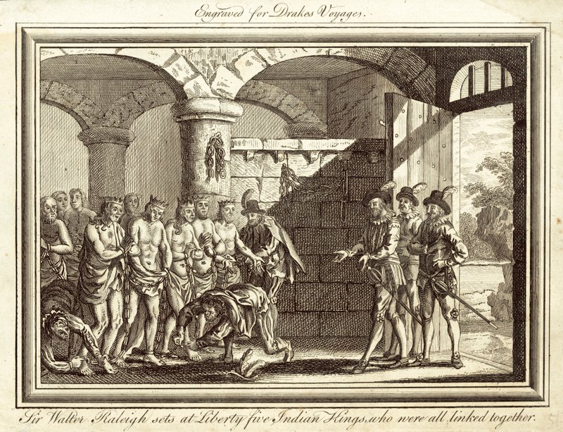 Sir Walter Raleigh vapauttaa viisi Intian kuningasta, jotka olivat kaikki sidoksissa toisiinsa (kaiverrus). tekijältä English School