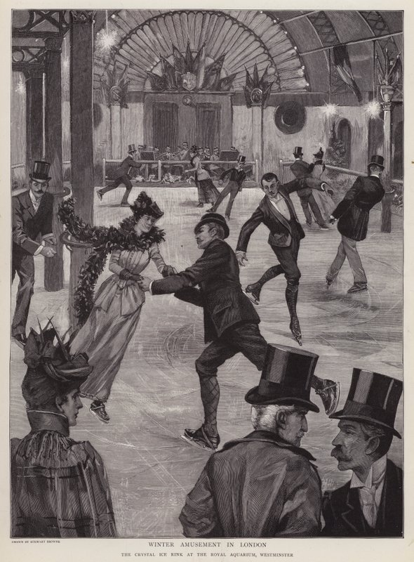 Luistelu Crystal-jääradalla Royal Aquariumissa, Westminster, Lontoo (litho) tekijältä English School