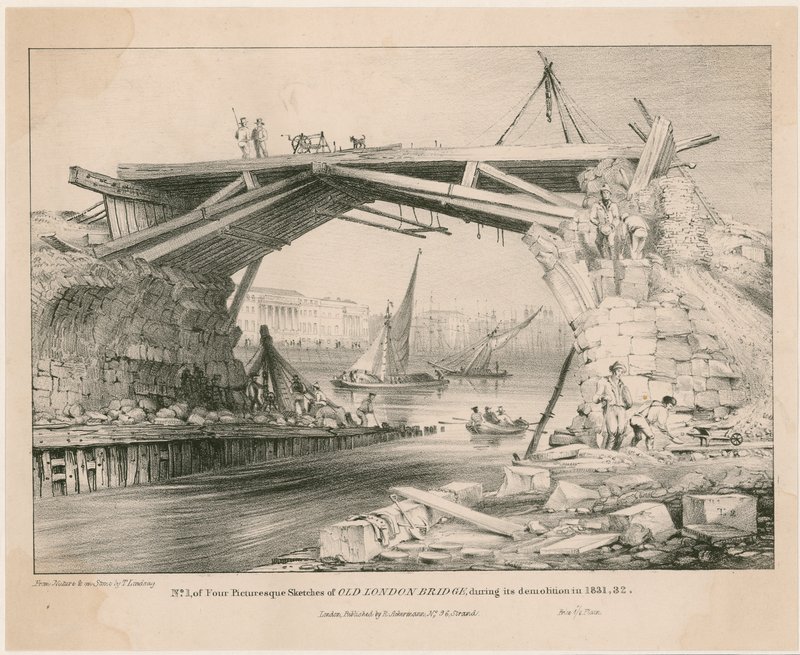 Luonnos Old London Bridgestä sen purkamisen aikana 1831, 1832 tekijältä English School