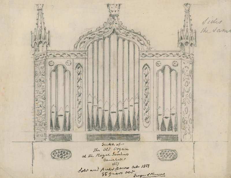 Luonnos kuninkaallisen puutarhan vanhoista uruista (Vauxhall Gardens, Lontoo) tekijältä English School