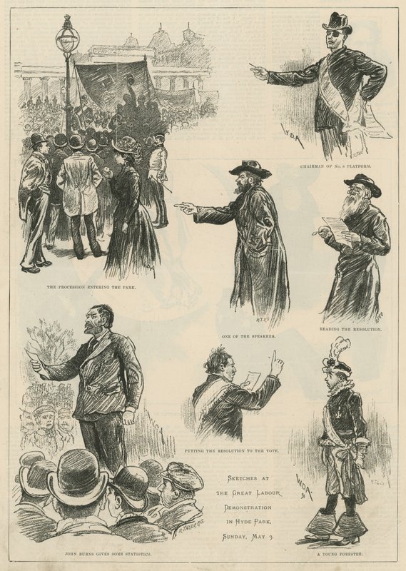 Luonnoksia suuressa Labour-mielenosoituksissa Hyde Parkissa sunnuntaina 3. toukokuuta 1891 tekijältä English School