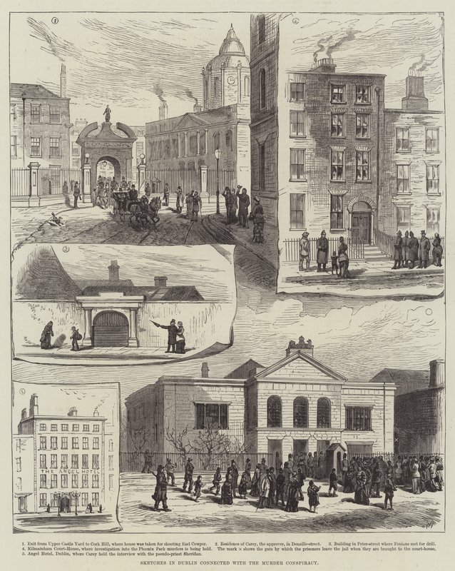 Murhasalaliittoon liittyviä luonnoksia Dublinissa (kaiverrus) tekijältä English School