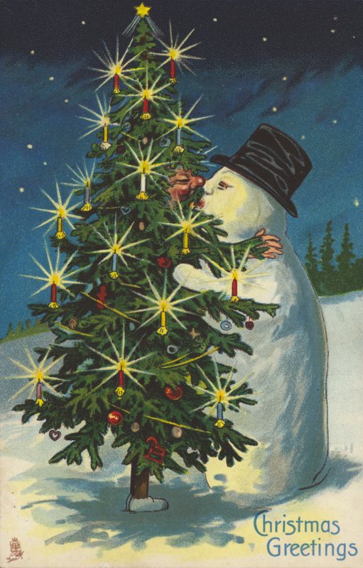 Lumiukko ja joulukuusi suutelevat (chromolitho) tekijältä English School