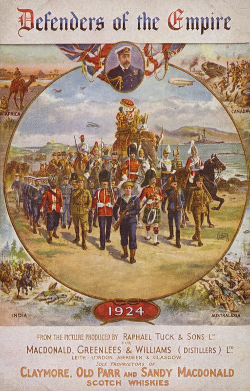 Brittiläisen imperiumin sotilaat ja kuningas Yrjö V (värilitografia) tekijältä English School