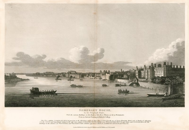 Somerset House, Lontoo, alkuperäisessä tilassaan eri rakennuksilla Thames-joen rannoilla aina Westminsteriin asti tekijältä English School