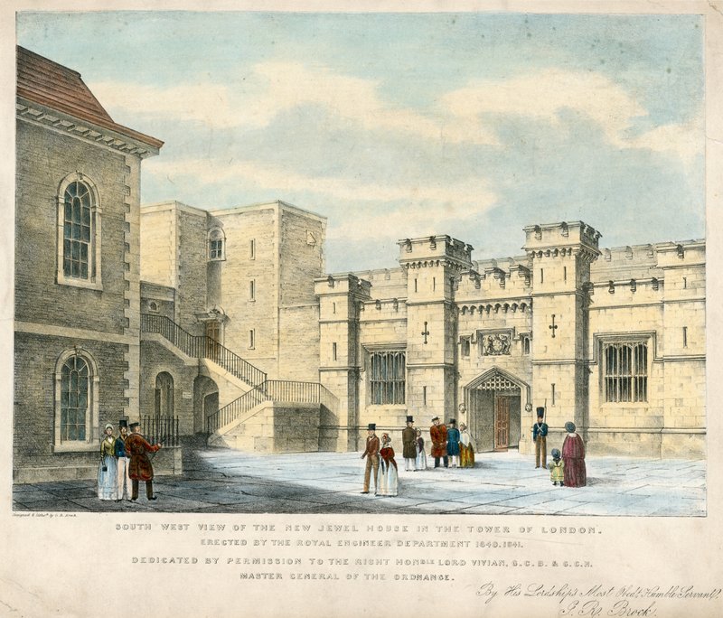 Lounaisnäkymä New Jewel Housesta Lontoon Towerissa, pystytettiin 1840-41 tekijältä English School