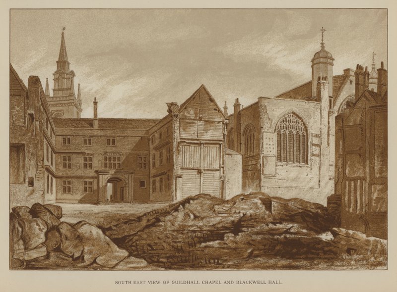 Kaakkoisnäkymä Guildhall Chapelille ja Blackwell Hallille, Lontoon Citylle tekijältä English School