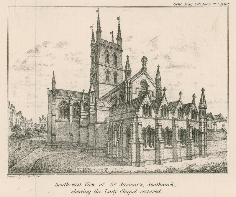 Kaakkoisnäkymä St Saviors Churchista Southwarkissa, jossa näkyy kunnostettu Lady Chapel tekijältä English School