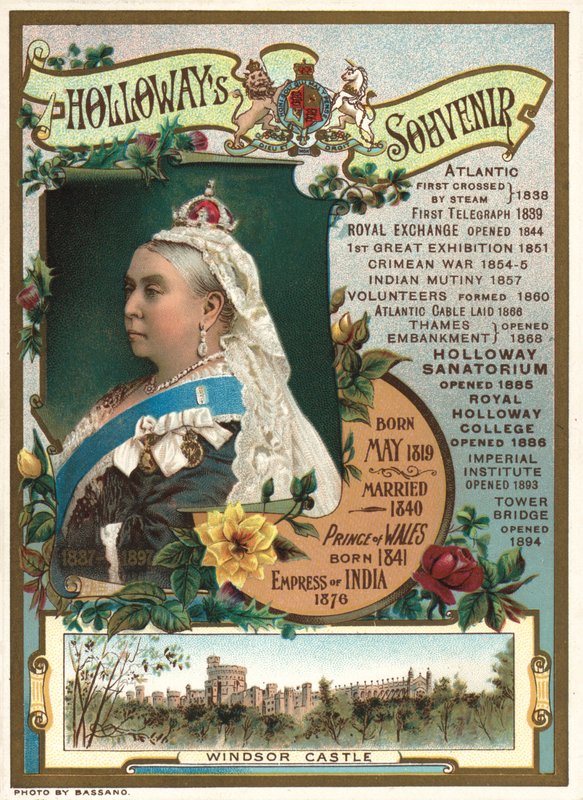 Kuningatar Victorian timanttijuhlavuoden 1897 matkamuisto, joka näyttää tärkeimmät tapahtumat hänen hallituskautensa aikana (chromolitho) tekijältä English School